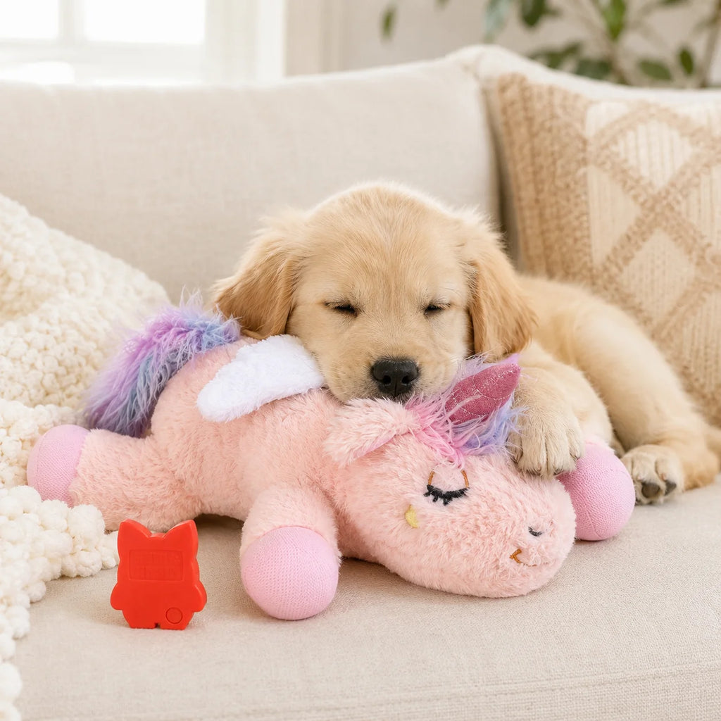 Dog Heartbeat Toy for Puppy Anxiety Relief, 15 Inch Plush Unicorn Calming Toy, Comfort Sleep Pillow with Heartbeat - Curl and Collar