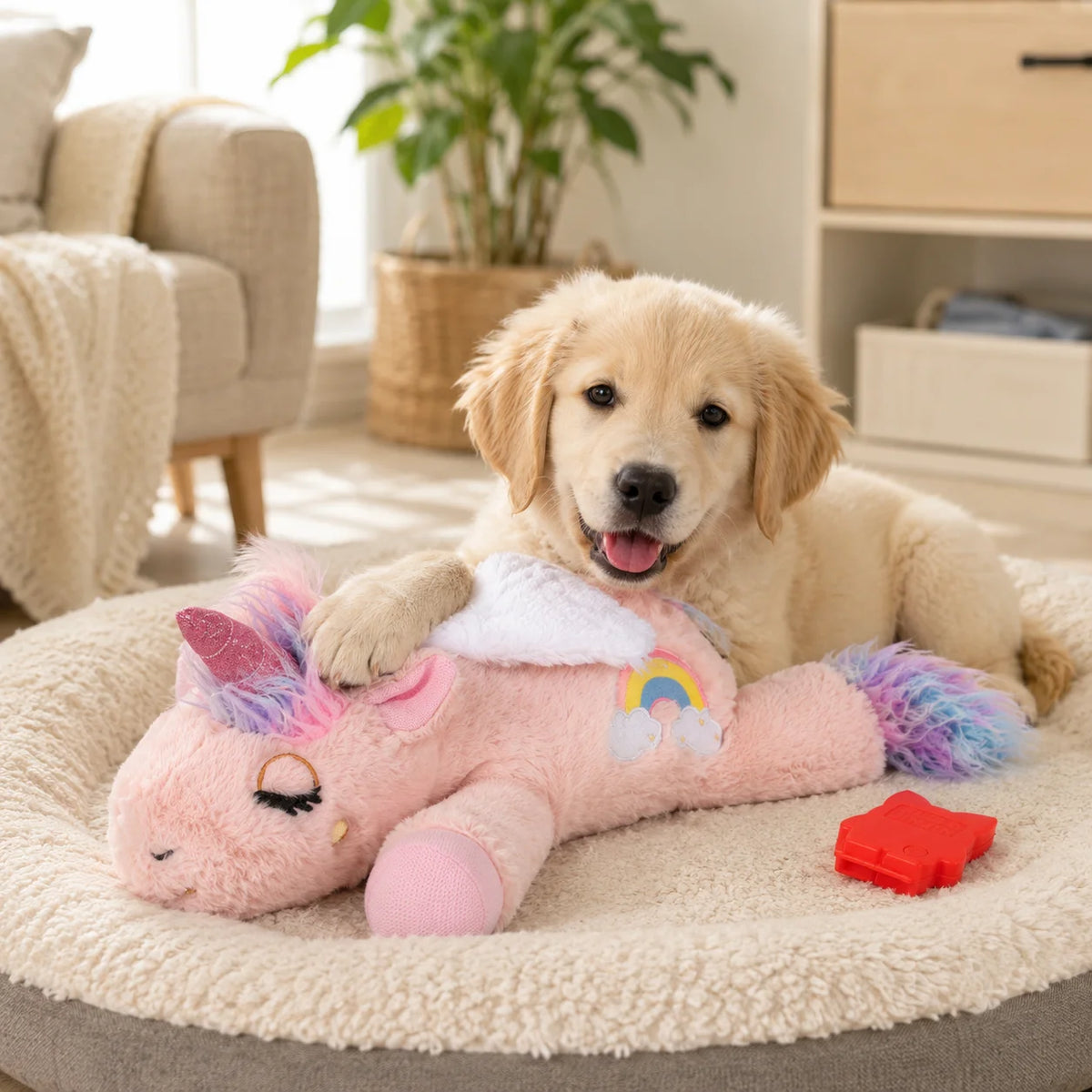 Dog Heartbeat Toy for Puppy Anxiety Relief, 15 Inch Plush Unicorn Calming Toy, Comfort Sleep Pillow with Heartbeat - Curl and Collar