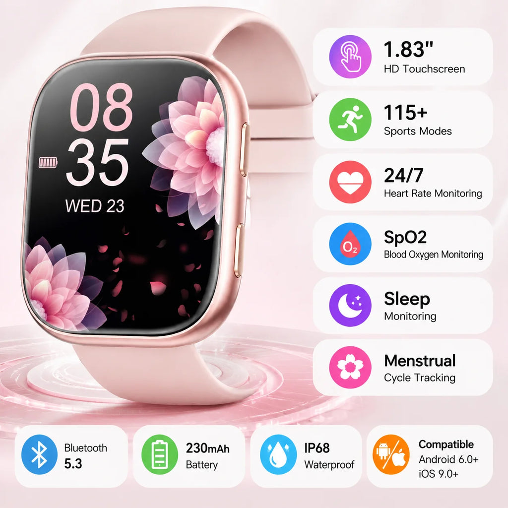 2026 New Ladies Smart Watch 1.83 Inch HD Touch Screen Fitness Tracker, 115+ Sports Modes, Heart Rate Sleep & Menstrual Cycle Monitor, IP67 Waterproof Smartwatch with 7 Replacement Bands Gift Set Compatible with Android iOS - Curl and Collar