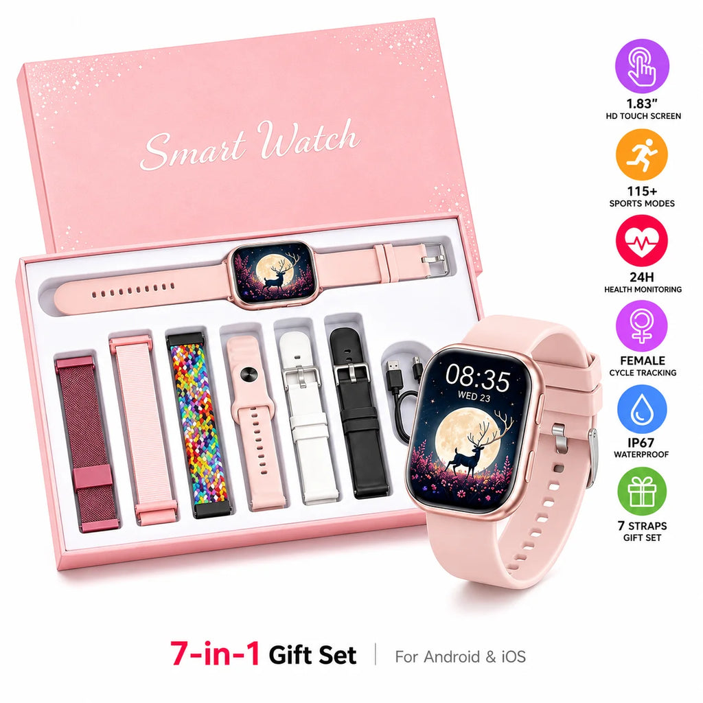 2026 New Ladies Smart Watch 1.83 Inch HD Touch Screen Fitness Tracker, 115+ Sports Modes, Heart Rate Sleep & Menstrual Cycle Monitor, IP67 Waterproof Smartwatch with 7 Replacement Bands Gift Set Compatible with Android iOS - Curl and Collar