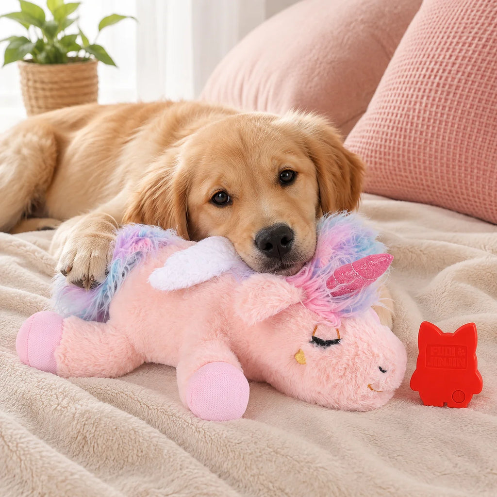 Dog Heartbeat Toy for Puppy Anxiety Relief, 15 Inch Plush Unicorn Calming Toy, Comfort Sleep Pillow with Heartbeat - Curl and Collar