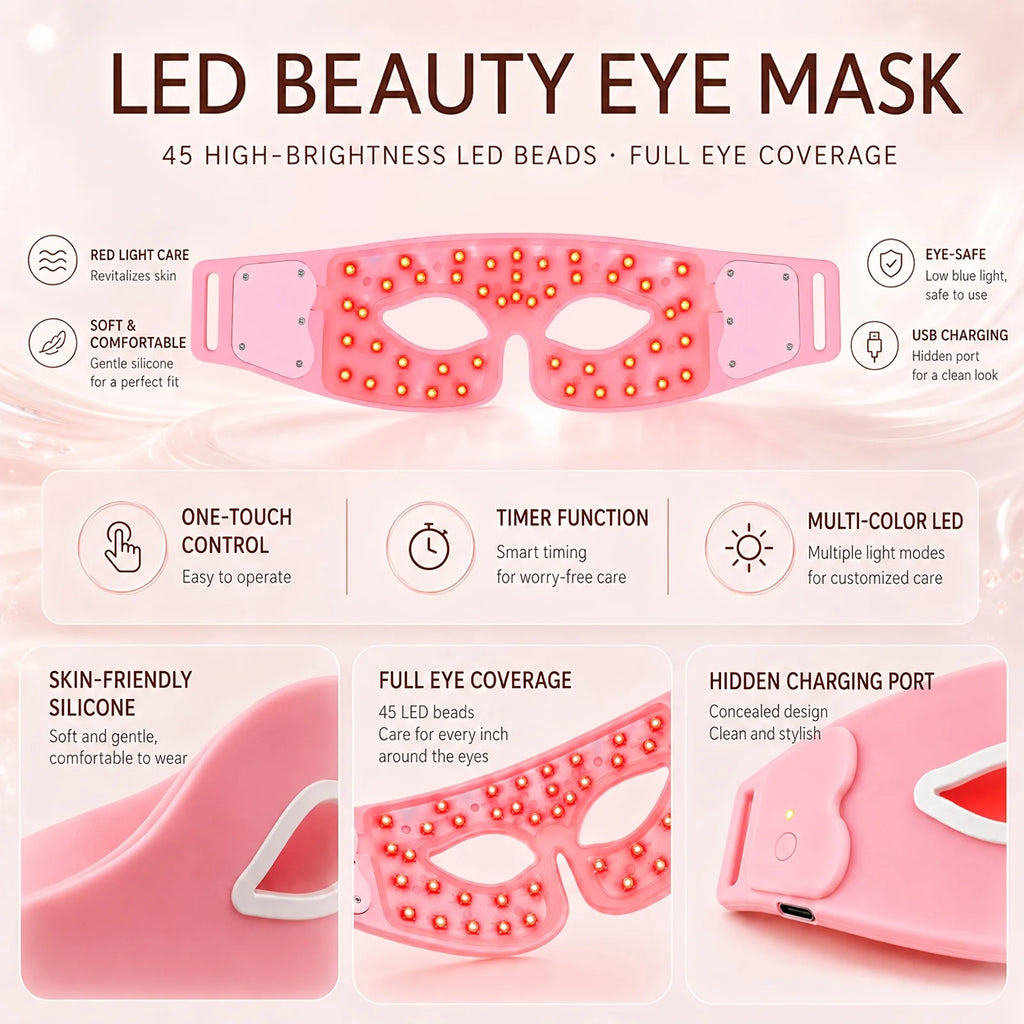 Photon Beauty Eye Mask Red Light Eye Care Device with 45 LED Beads 7 Color Light Modes USB Rechargeable 10 Minute Timer for Eye Relaxation Fine Lines Puffiness Dark Circles Firming Skin Portable Adjustable Beauty Mask for Wom - Curl and Collar