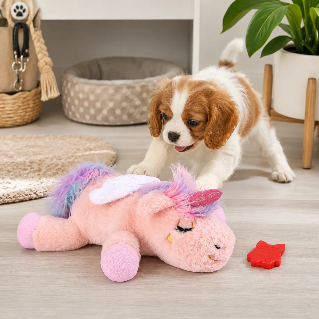 Dog Heartbeat Toy for Puppy Anxiety Relief, 15 Inch Plush Unicorn Calming Toy, Comfort Sleep Pillow with Heartbeat - Curl and Collar