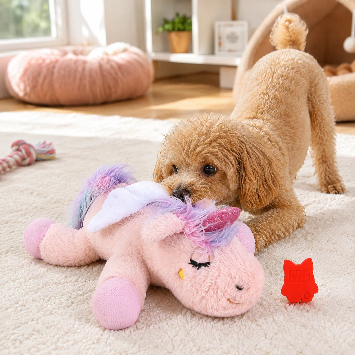 Dog Heartbeat Toy for Puppy Anxiety Relief, 15 Inch Plush Unicorn Calming Toy, Comfort Sleep Pillow with Heartbeat - Curl and Collar