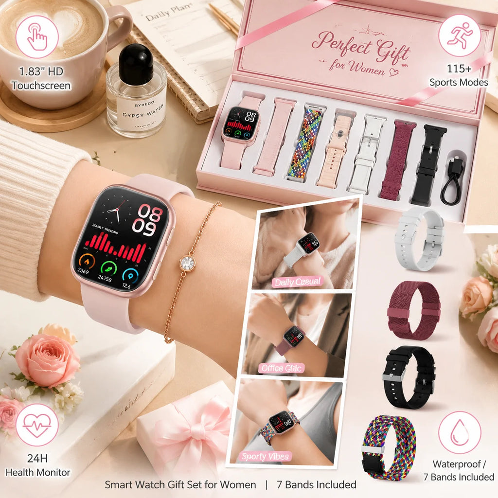 2026 New Ladies Smart Watch 1.83 Inch HD Touch Screen Fitness Tracker, 115+ Sports Modes, Heart Rate Sleep & Menstrual Cycle Monitor, IP67 Waterproof Smartwatch with 7 Replacement Bands Gift Set Compatible with Android iOS - Curl and Collar