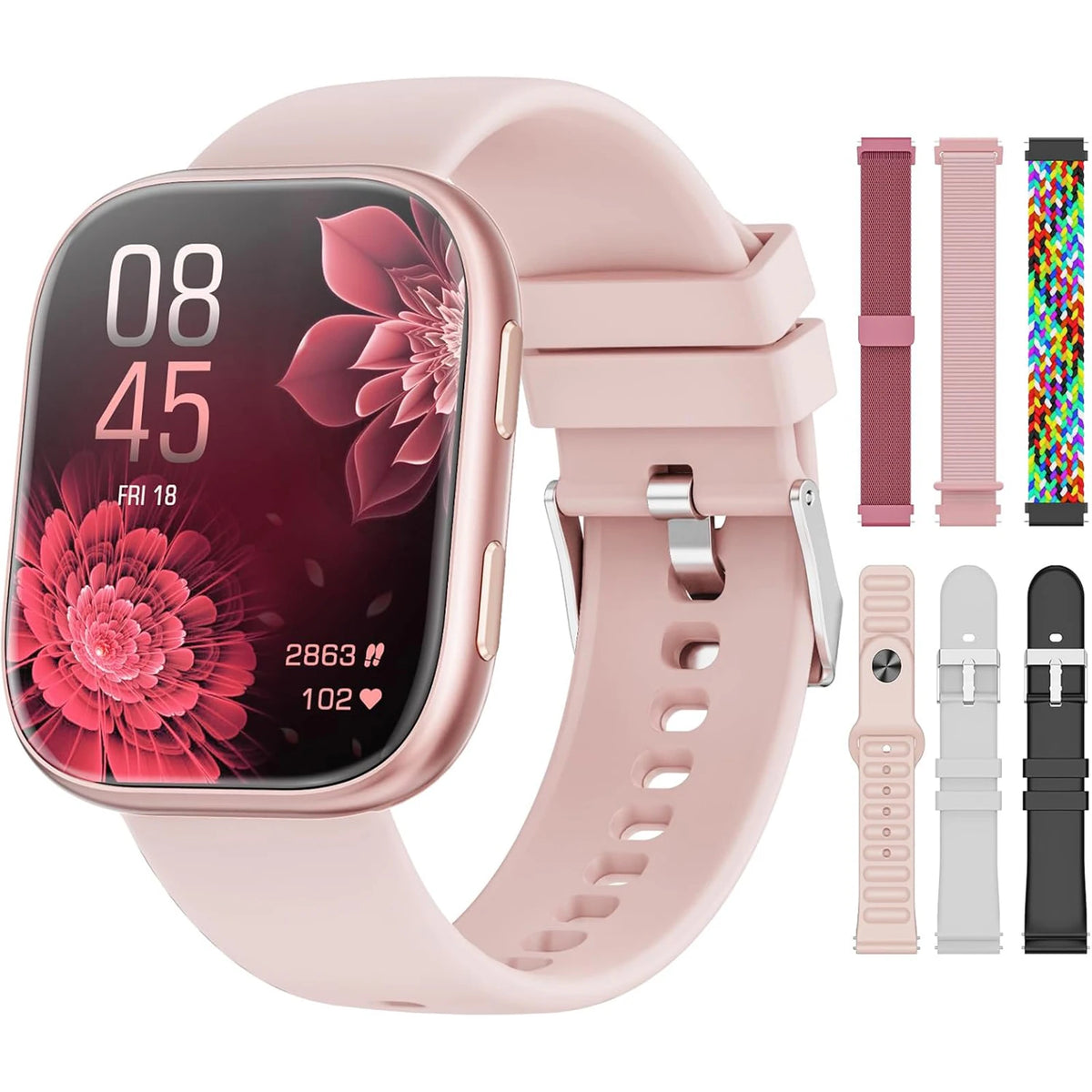 2026 New Ladies Smart Watch 1.83 Inch HD Touch Screen Fitness Tracker, 115+ Sports Modes, Heart Rate Sleep & Menstrual Cycle Monitor, IP67 Waterproof Smartwatch with 7 Replacement Bands Gift Set Compatible with Android iOS - Curl and Collar