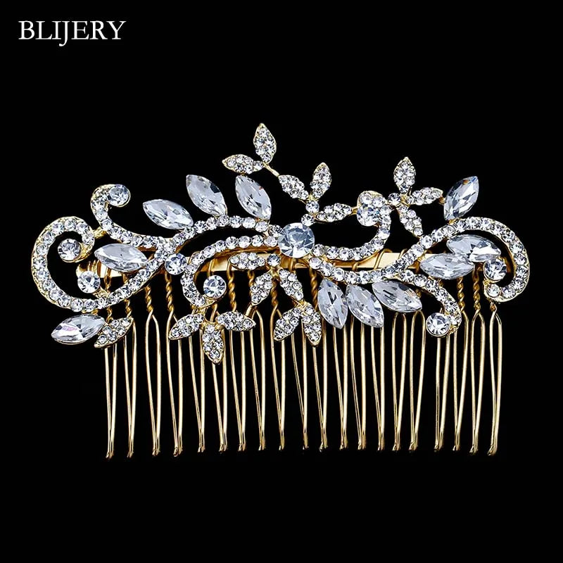 BLIJERY Trendy Bridal Hair Accessories Silver Color Rhinestone Crystal Brides Tiara Floral Wedding Hair Combs Women Hair Jewelry