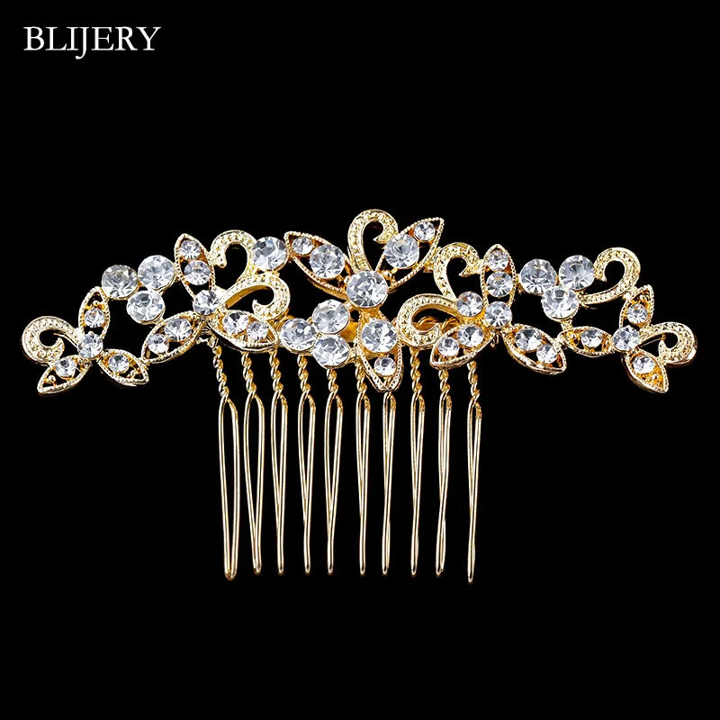 BLIJERY Trendy Bridal Hair Accessories Silver Color Rhinestone Crystal Brides Tiara Floral Wedding Hair Combs Women Hair Jewelry