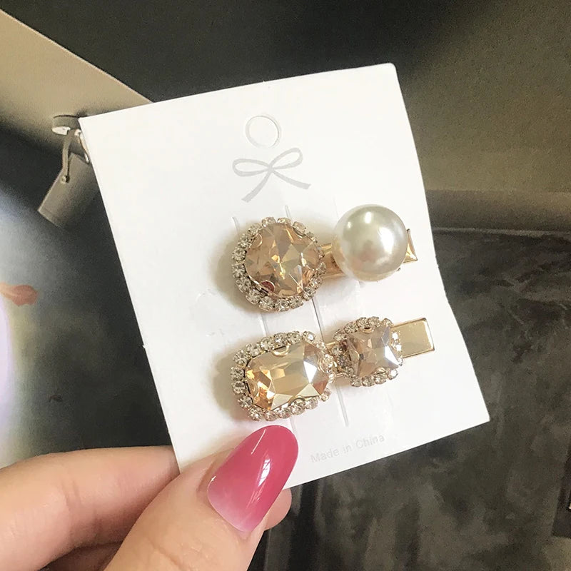 Set Women Hair Clips Jewelry Fashion Crystal Hair Accessories For Girls Luxury Pearl Geometric Barrettes Pins Christmas Gift