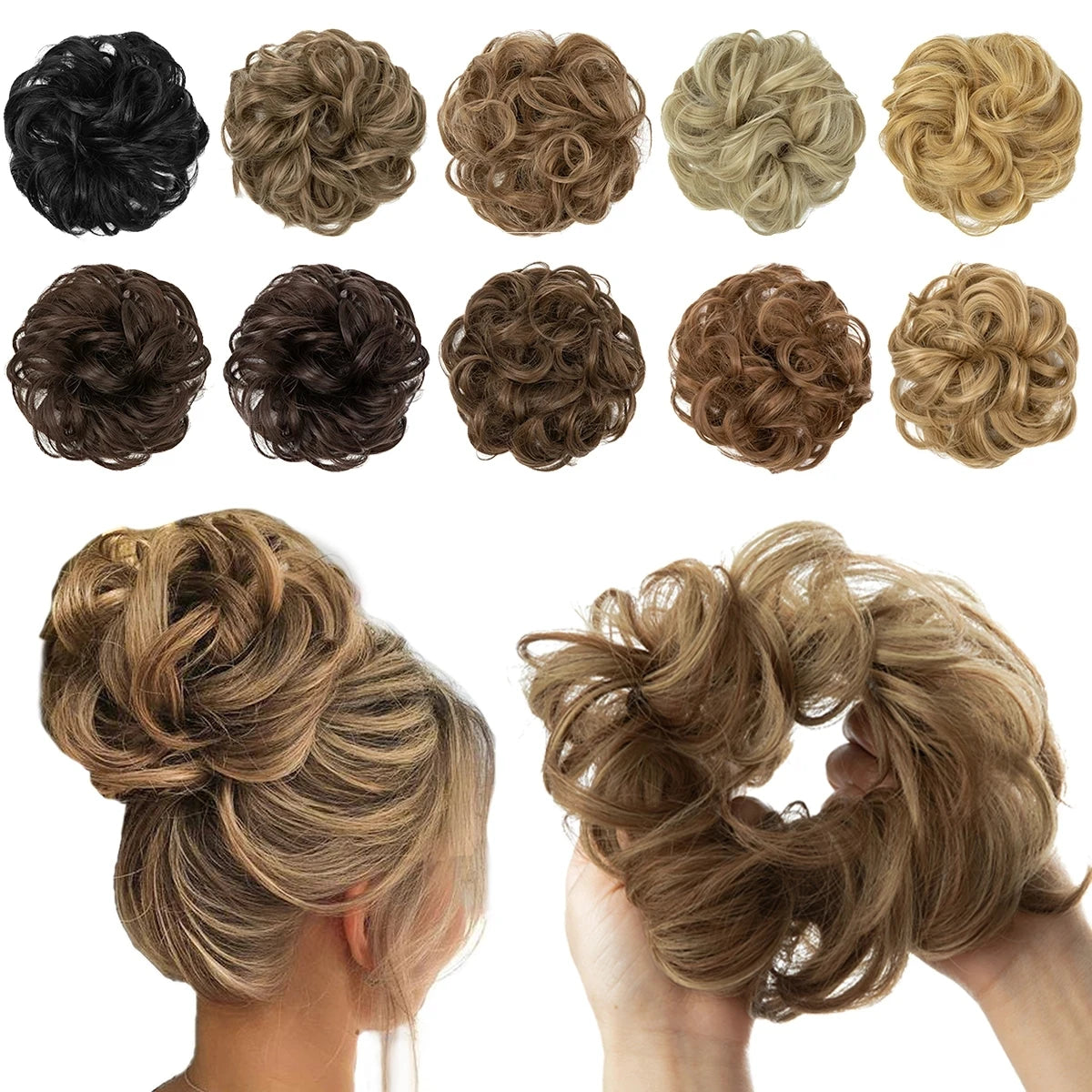 Synthetic Hair Bun Extensions Messy Curly Elastic Hair Scrunchies Hairpieces Synthetic Chignon Donut Updo Hair Pieces for Women - Curl and Collar