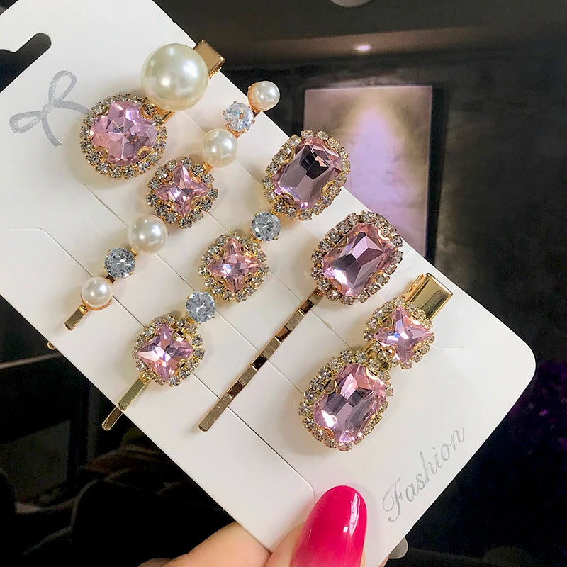 Set Women Hair Clips Jewelry Fashion Crystal Hair Accessories For Girls Luxury Pearl Geometric Barrettes Pins Christmas Gift