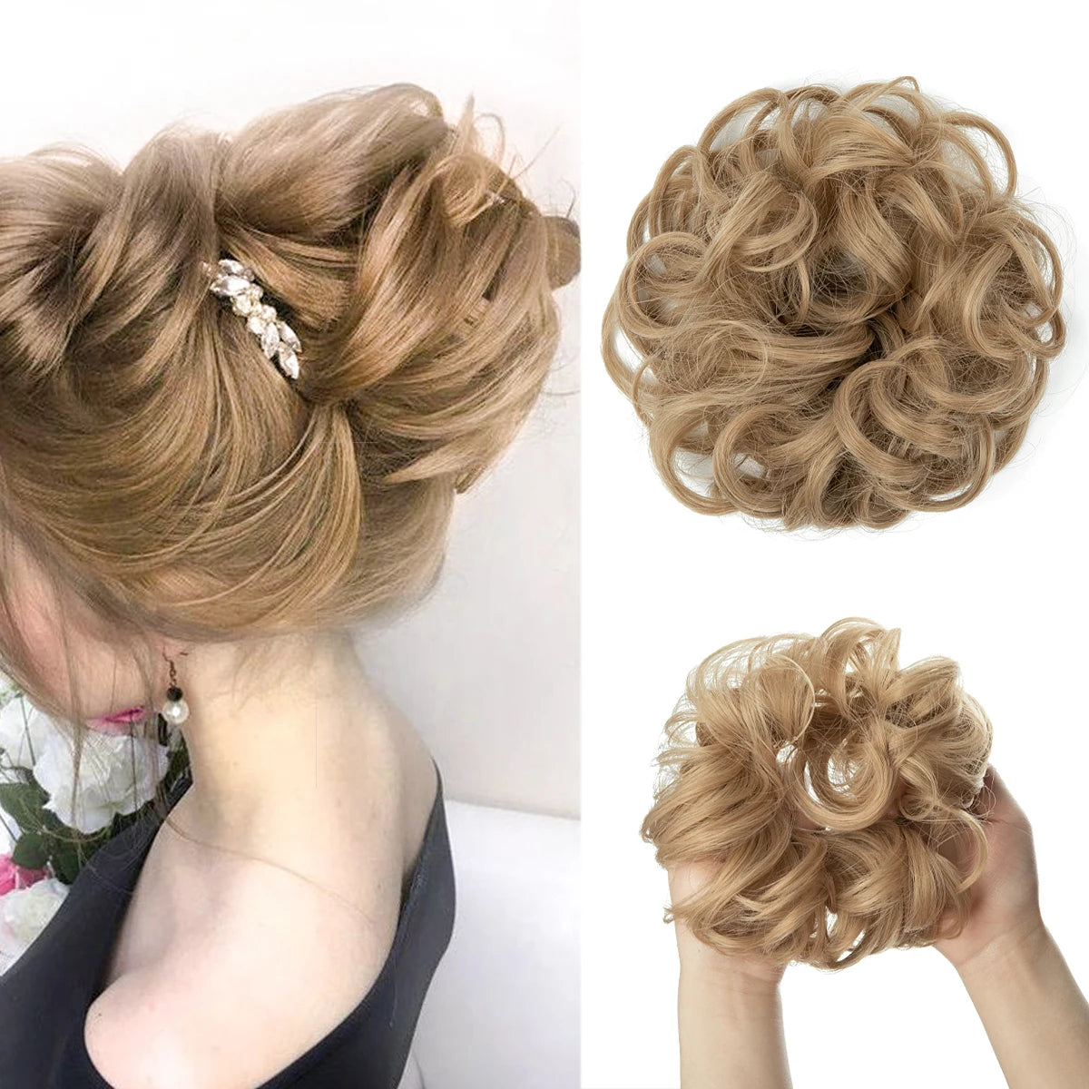 Synthetic Hair Bun Extensions Messy Curly Elastic Hair Scrunchies Hairpieces Synthetic Chignon Donut Updo Hair Pieces for Women - Curl and Collar
