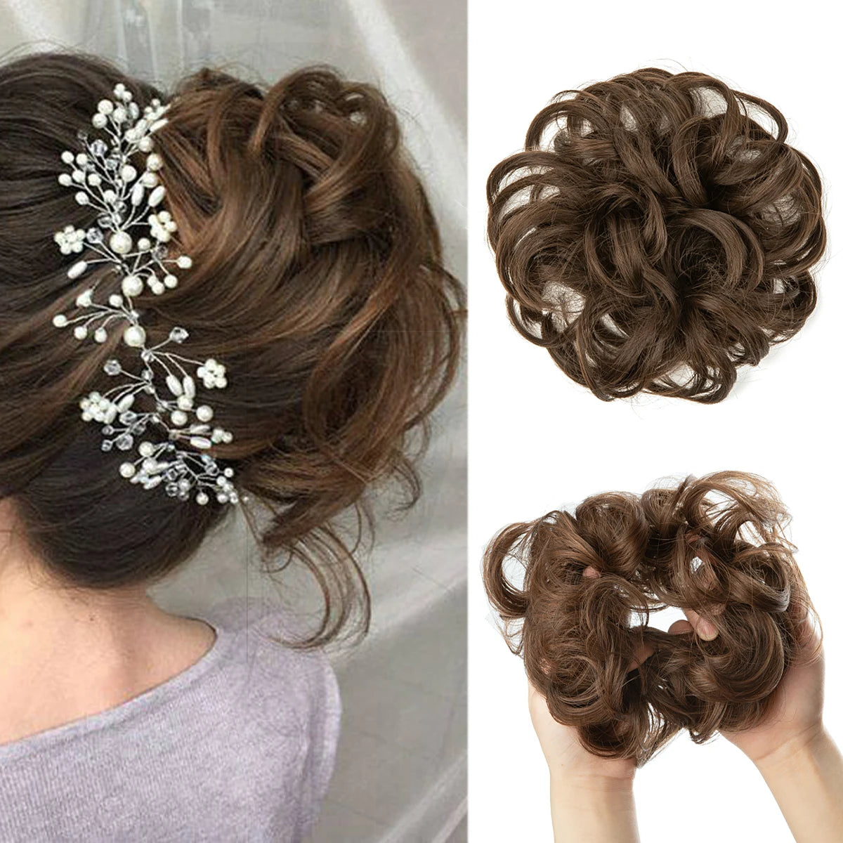 Synthetic Hair Bun Extensions Messy Curly Elastic Hair Scrunchies Hairpieces Synthetic Chignon Donut Updo Hair Pieces for Women - Curl and Collar