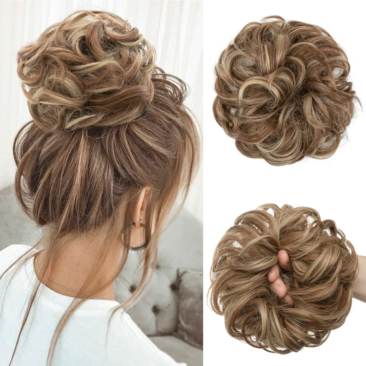 Synthetic Hair Bun Extensions Messy Curly Elastic Hair Scrunchies Hairpieces Synthetic Chignon Donut Updo Hair Pieces for Women - Curl and Collar