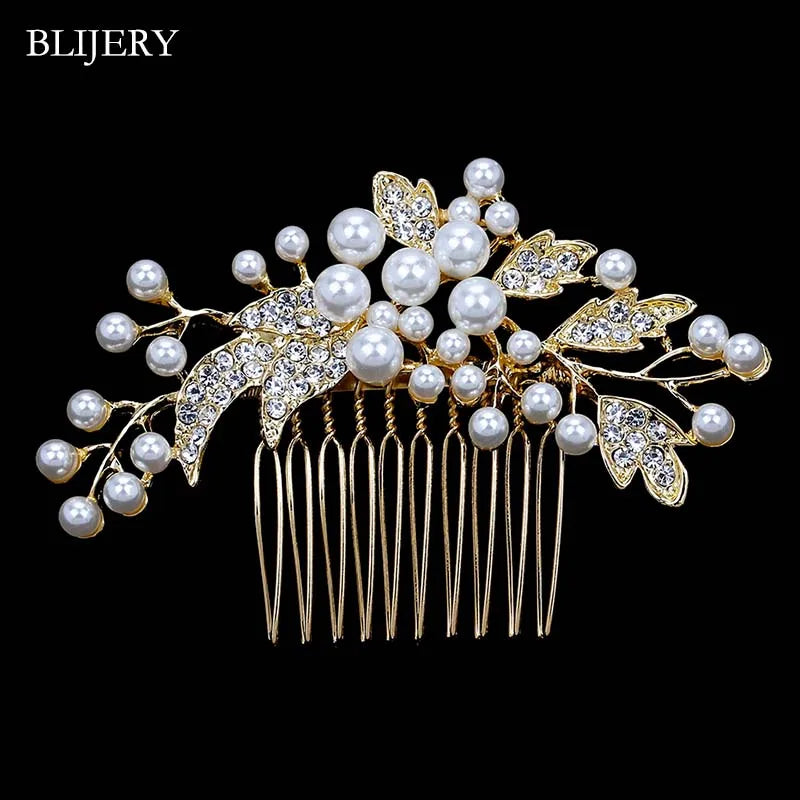 BLIJERY Trendy Bridal Hair Accessories Silver Color Rhinestone Crystal Brides Tiara Floral Wedding Hair Combs Women Hair Jewelry