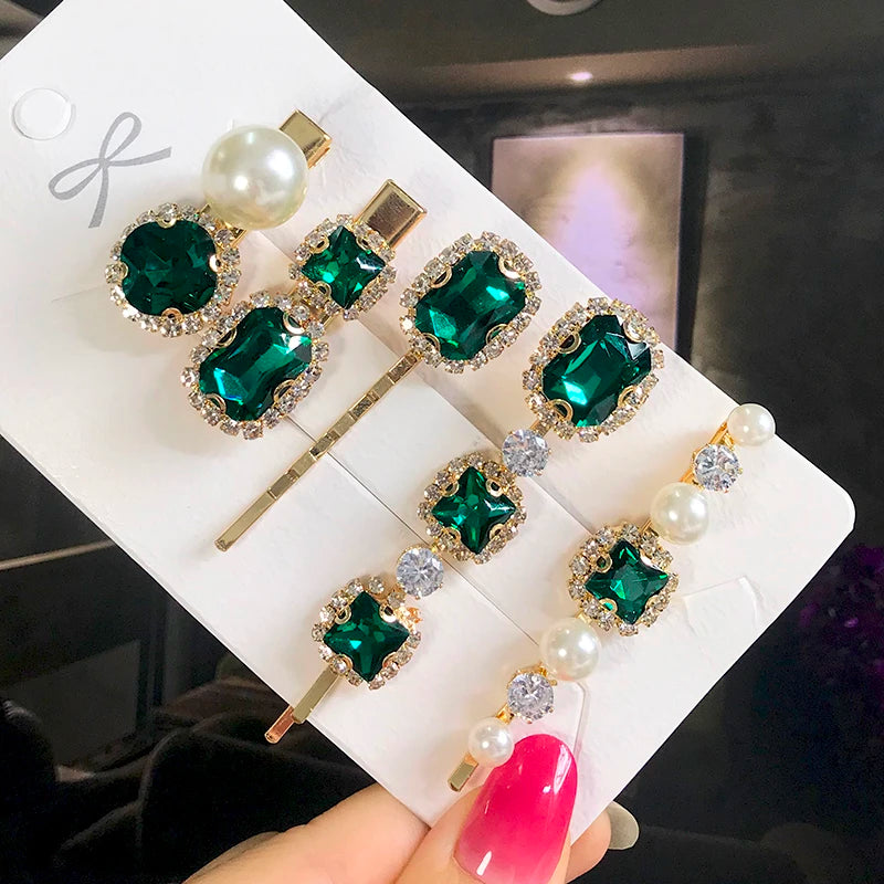 Set Women Hair Clips Jewelry Fashion Crystal Hair Accessories For Girls Luxury Pearl Geometric Barrettes Pins Christmas Gift