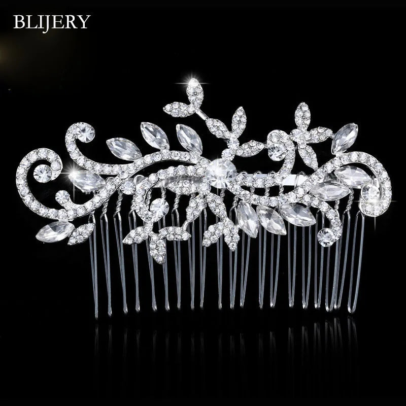 BLIJERY Trendy Bridal Hair Accessories Silver Color Rhinestone Crystal Brides Tiara Floral Wedding Hair Combs Women Hair Jewelry