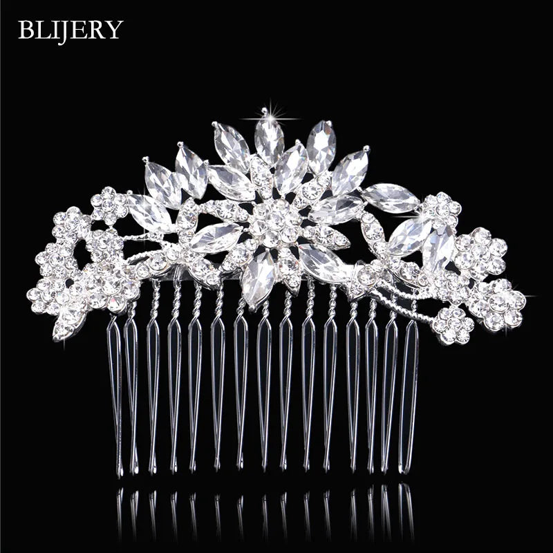 BLIJERY Trendy Bridal Hair Accessories Silver Color Rhinestone Crystal Brides Tiara Floral Wedding Hair Combs Women Hair Jewelry