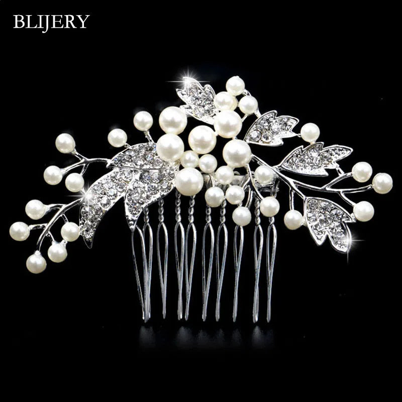 BLIJERY Trendy Bridal Hair Accessories Silver Color Rhinestone Crystal Brides Tiara Floral Wedding Hair Combs Women Hair Jewelry