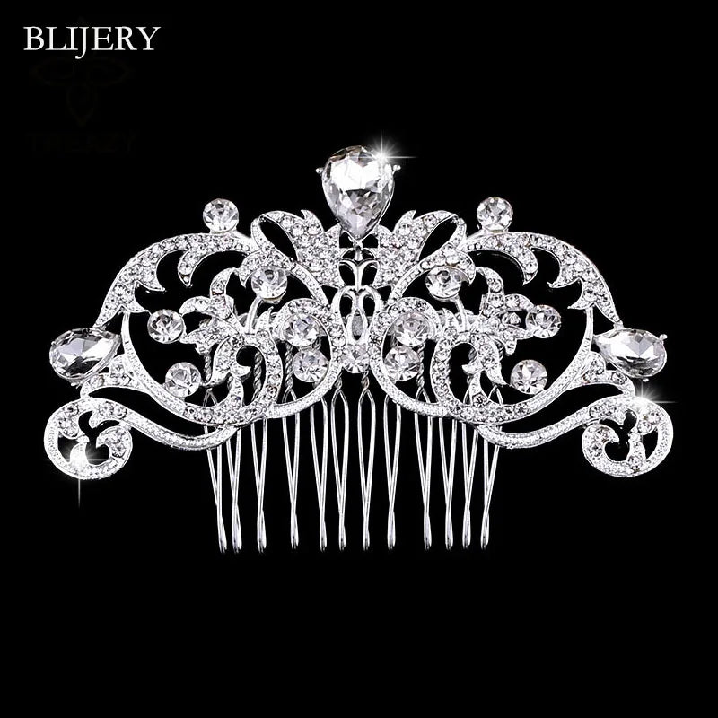 BLIJERY Trendy Bridal Hair Accessories Silver Color Rhinestone Crystal Brides Tiara Floral Wedding Hair Combs Women Hair Jewelry