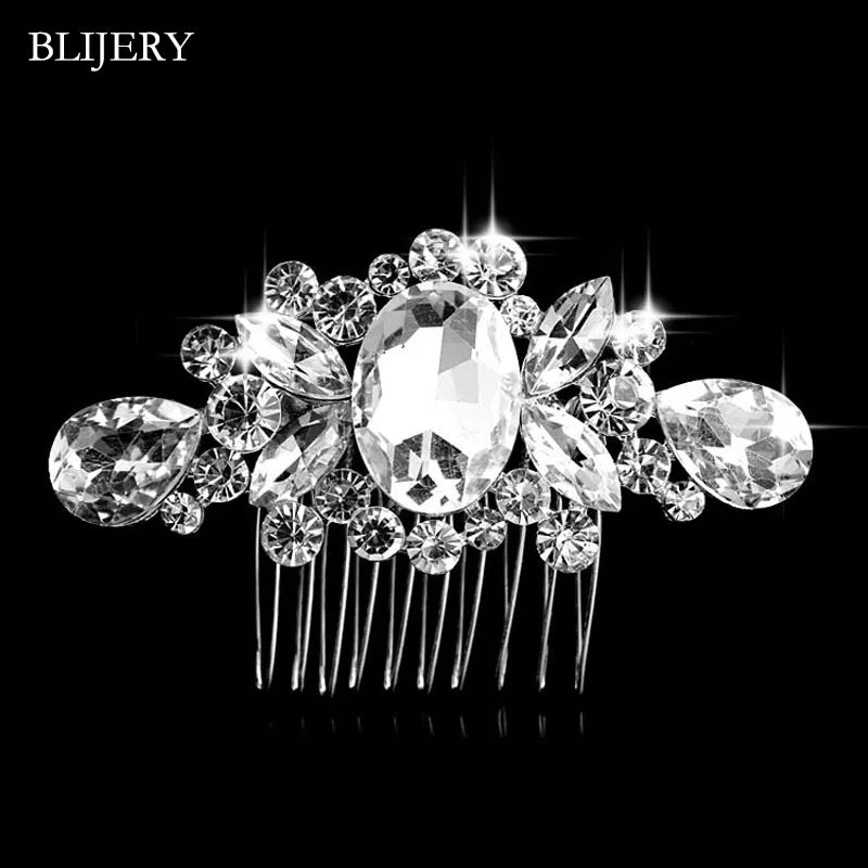 BLIJERY Trendy Bridal Hair Accessories Silver Color Rhinestone Crystal Brides Tiara Floral Wedding Hair Combs Women Hair Jewelry