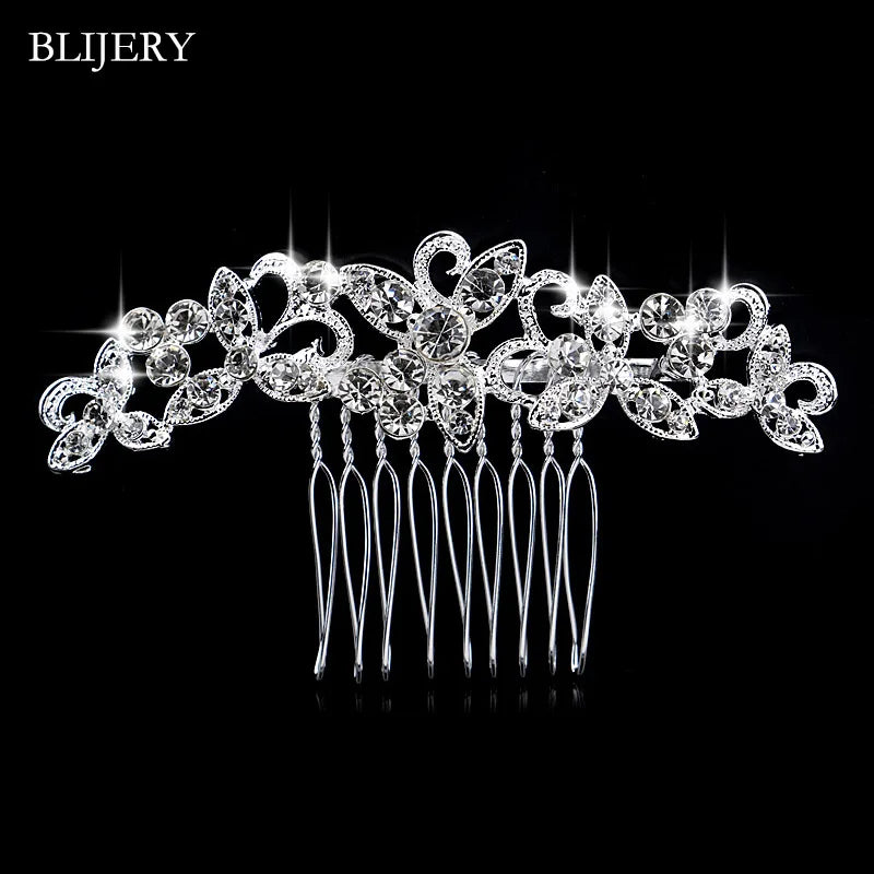 BLIJERY Trendy Bridal Hair Accessories Silver Color Rhinestone Crystal Brides Tiara Floral Wedding Hair Combs Women Hair Jewelry