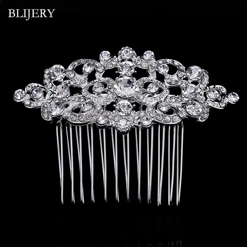 BLIJERY Trendy Bridal Hair Accessories Silver Color Rhinestone Crystal Brides Tiara Floral Wedding Hair Combs Women Hair Jewelry