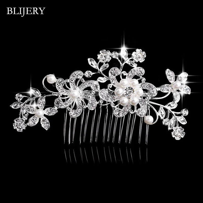 BLIJERY Trendy Bridal Hair Accessories Silver Color Rhinestone Crystal Brides Tiara Floral Wedding Hair Combs Women Hair Jewelry