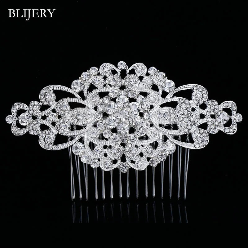 BLIJERY Trendy Bridal Hair Accessories Silver Color Rhinestone Crystal Brides Tiara Floral Wedding Hair Combs Women Hair Jewelry