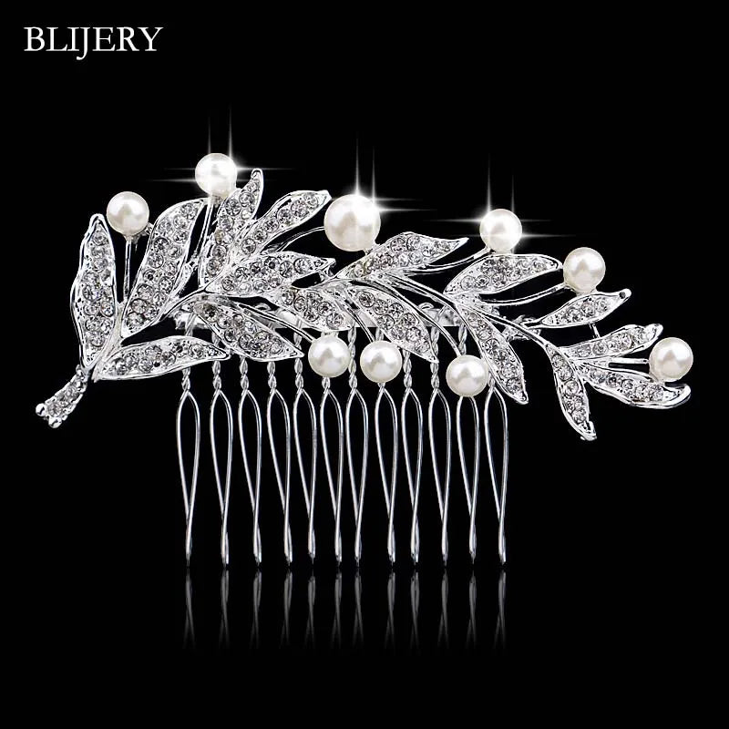 BLIJERY Trendy Bridal Hair Accessories Silver Color Rhinestone Crystal Brides Tiara Floral Wedding Hair Combs Women Hair Jewelry
