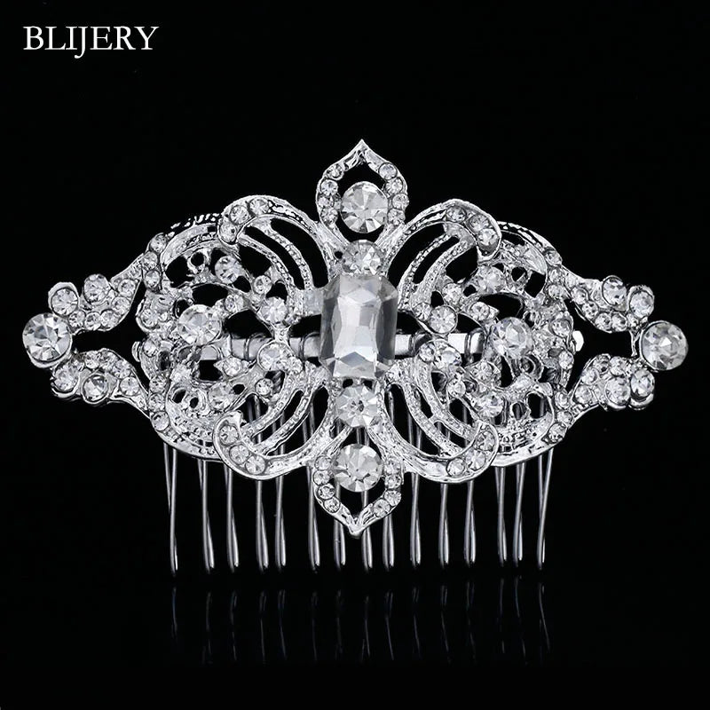 BLIJERY Trendy Bridal Hair Accessories Silver Color Rhinestone Crystal Brides Tiara Floral Wedding Hair Combs Women Hair Jewelry