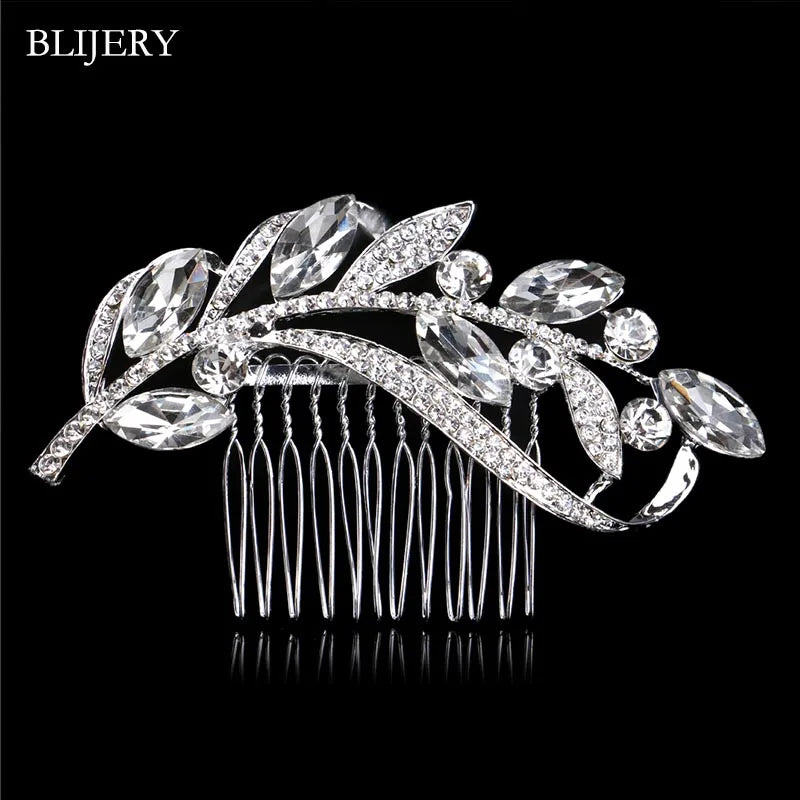 BLIJERY Trendy Bridal Hair Accessories Silver Color Rhinestone Crystal Brides Tiara Floral Wedding Hair Combs Women Hair Jewelry