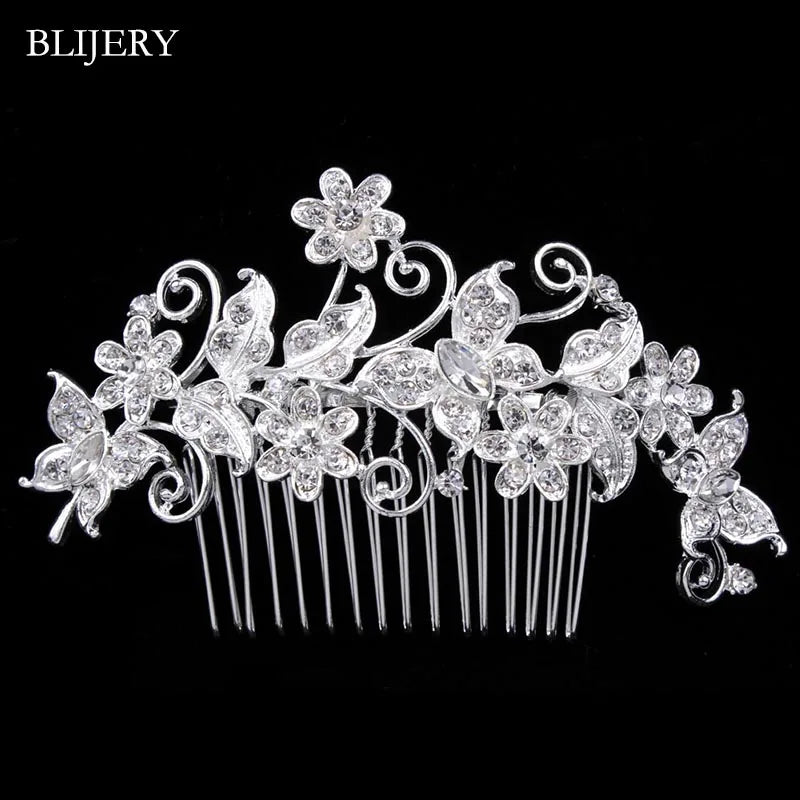 BLIJERY Trendy Bridal Hair Accessories Silver Color Rhinestone Crystal Brides Tiara Floral Wedding Hair Combs Women Hair Jewelry
