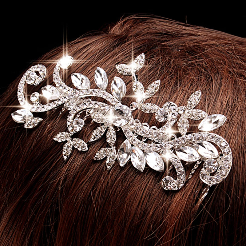 BLIJERY Trendy Bridal Hair Accessories Silver Color Rhinestone Crystal Brides Tiara Floral Wedding Hair Combs Women Hair Jewelry