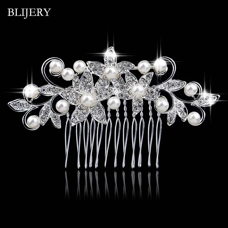 BLIJERY Trendy Bridal Hair Accessories Silver Color Rhinestone Crystal Brides Tiara Floral Wedding Hair Combs Women Hair Jewelry