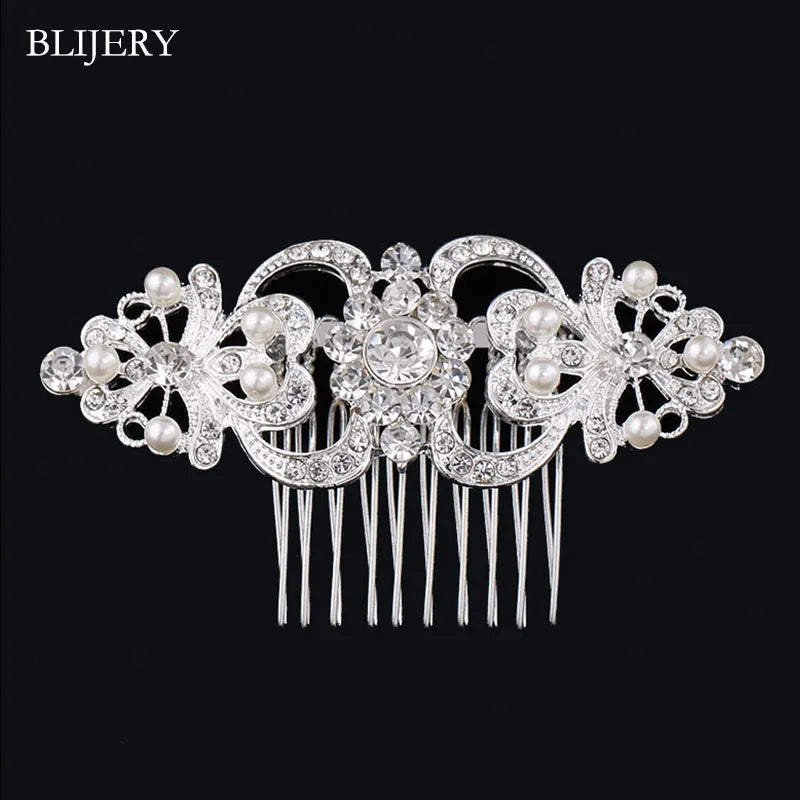BLIJERY Trendy Bridal Hair Accessories Silver Color Rhinestone Crystal Brides Tiara Floral Wedding Hair Combs Women Hair Jewelry