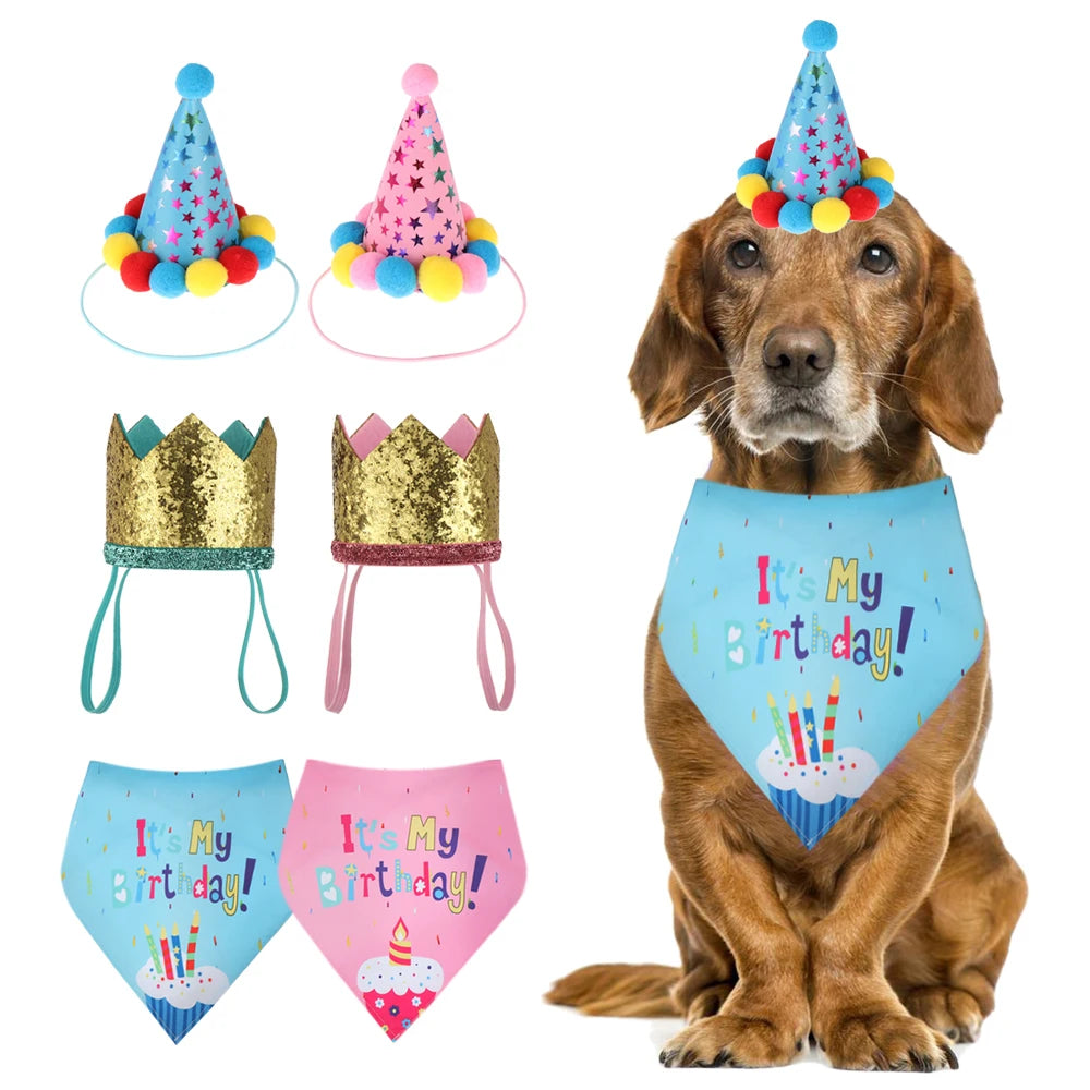 Cute Pet Birthday Caps/Bibs Design Headwear Triangle Scarf Hat Tie Collar Cat Dog Costume Pets Accessories Decoration Supplies - Curl and Collar