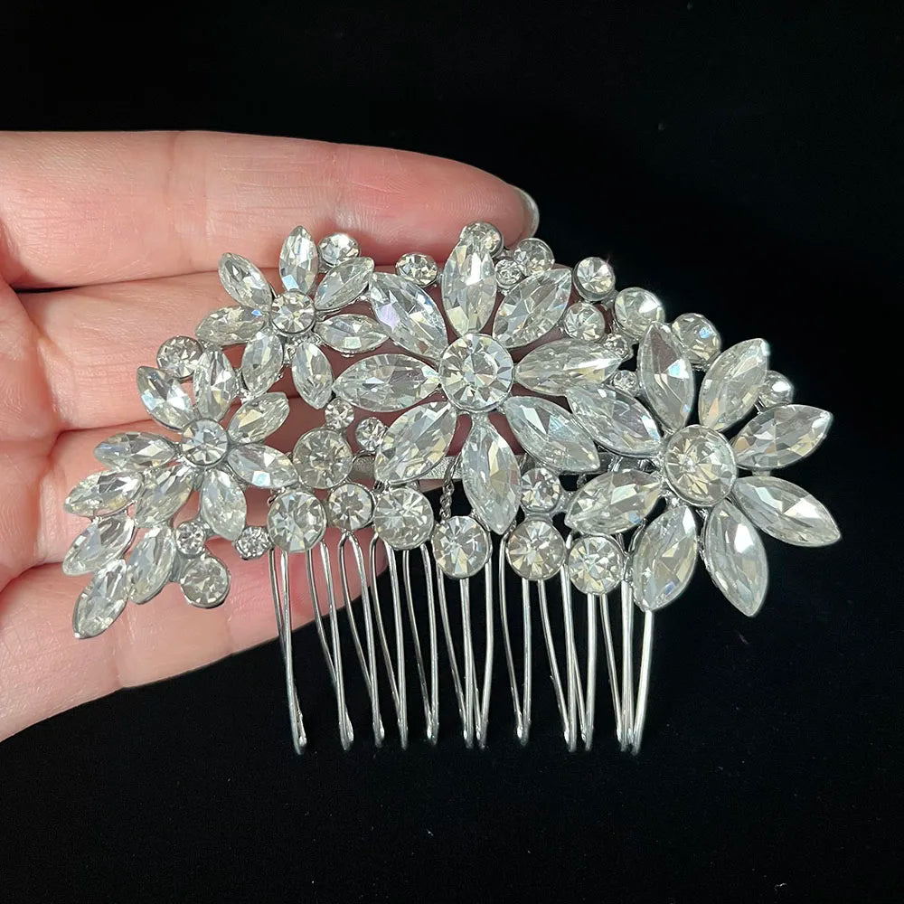 BLIJERY Trendy Bridal Hair Accessories Silver Color Rhinestone Crystal Brides Tiara Floral Wedding Hair Combs Women Hair Jewelry