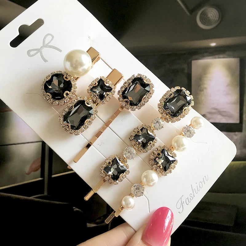 Set Women Hair Clips Jewelry Fashion Crystal Hair Accessories For Girls Luxury Pearl Geometric Barrettes Pins Christmas Gift