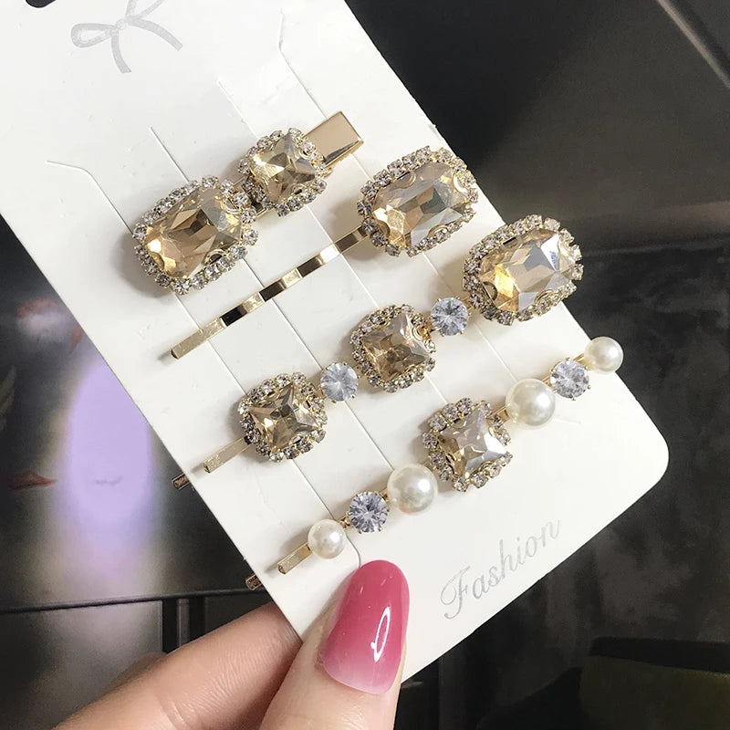 Set Women Hair Clips Jewelry Fashion Crystal Hair Accessories For Girls Luxury Pearl Geometric Barrettes Pins Christmas Gift