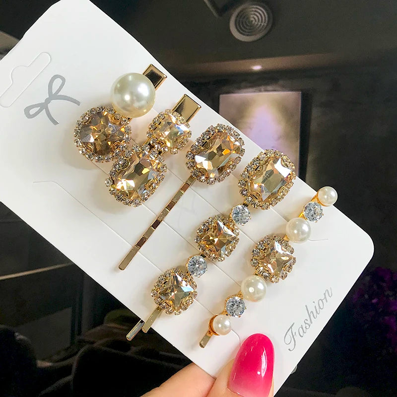 Set Women Hair Clips Jewelry Fashion Crystal Hair Accessories For Girls Luxury Pearl Geometric Barrettes Pins Christmas Gift