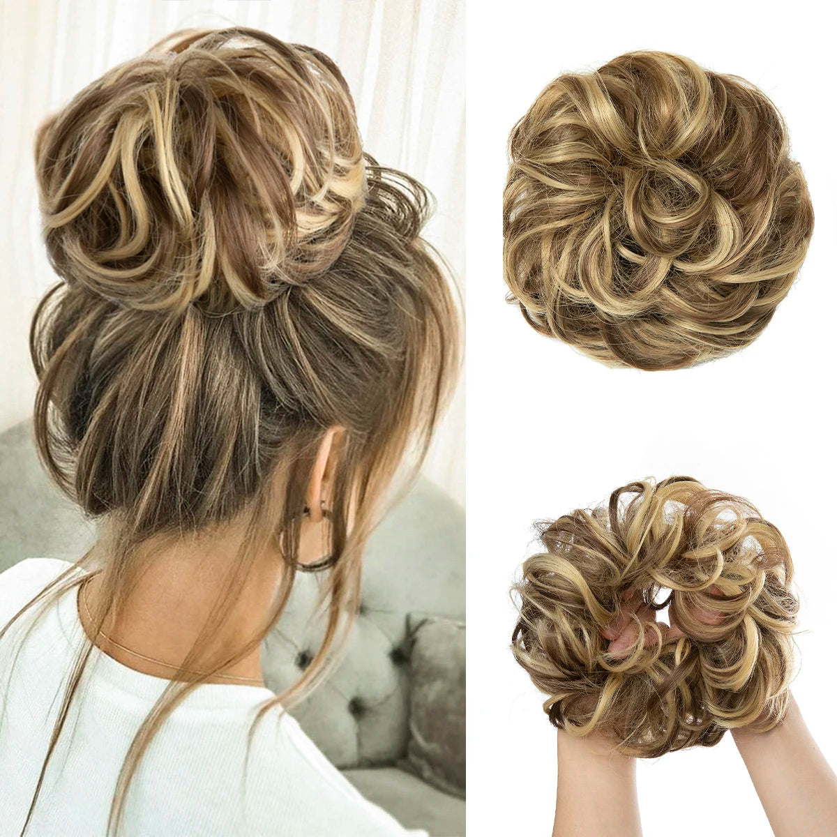 Synthetic Hair Bun Extensions Messy Curly Elastic Hair Scrunchies Hairpieces Synthetic Chignon Donut Updo Hair Pieces for Women - Curl and Collar