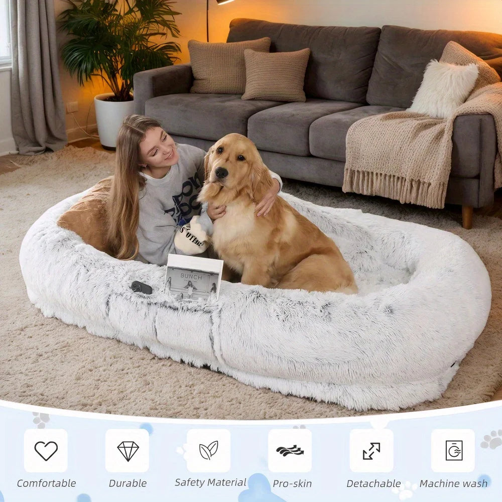 Human Dog Bed, Washable Faux Fur Dog Bed for People Doze Off, Napping Orthopedic Dog Bed, 71''x45''x14'' Size Fits You and Pets - Curl and Collar