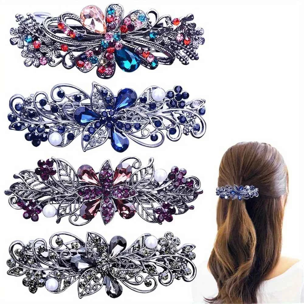 4pcs/pack Hair Barrettes for Women Ladies Flower Crystal Rhinestones Barrettes Pearl Spring Hair Clip Ponytail Holders Barrettes