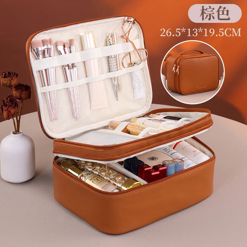 Multiple Compartments Large Capacity Cosmetic Organizer Case Portable Travel Toiletry Bag Double Layer Detachable Makeup Bag - Curl and Collar