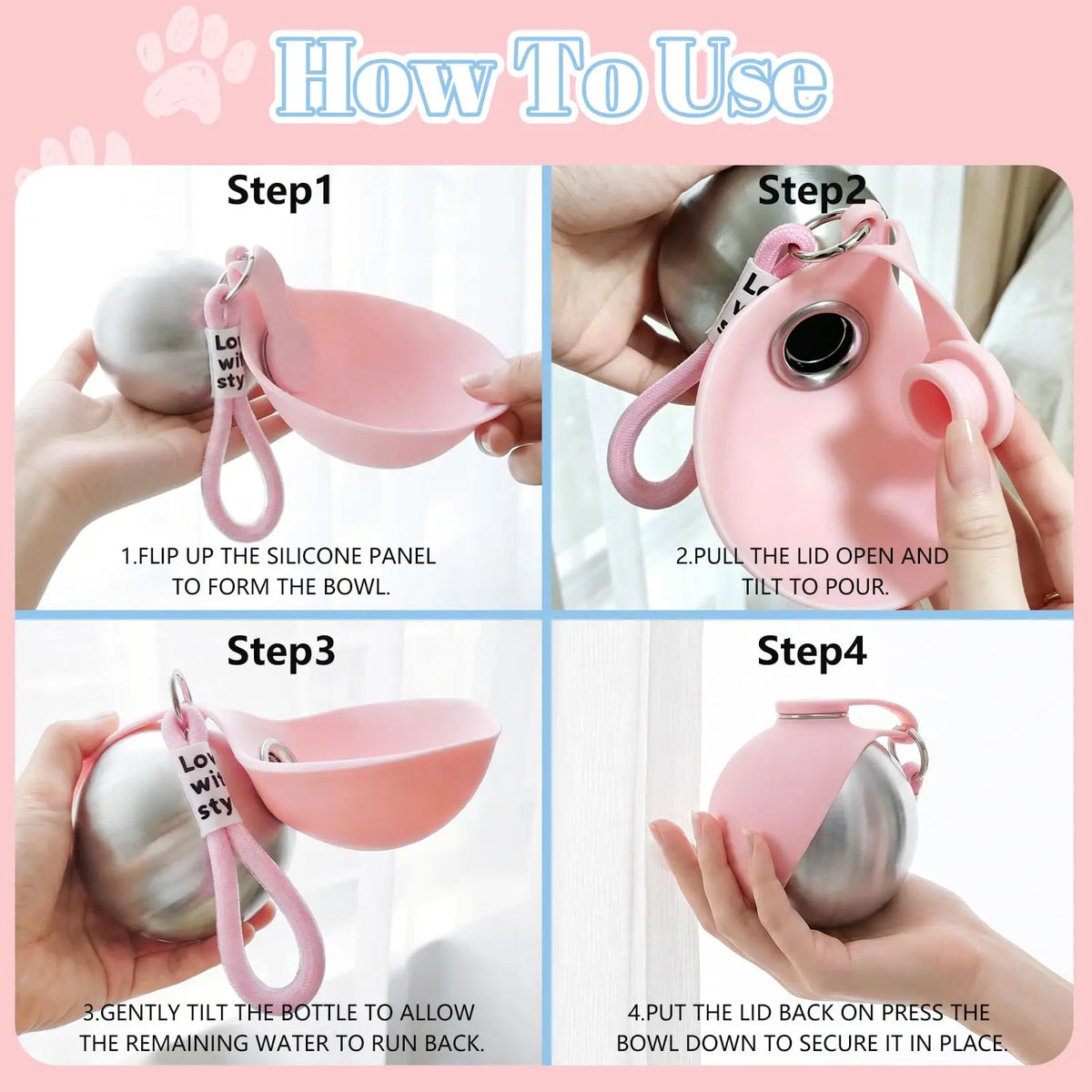 304 Stainless Steel Dog Water Bottle for Walking Pet Water Dispenser with Foldable Silicone Bowl Portable Dog Water Bottle Travel - Curl and Collar