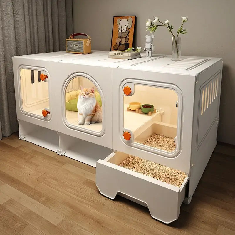 Large Cat House Transparent Drawer Cat Houses Habitats Partition Pet Cats Kitten Cage with Storage Room Kittens Enclosure Cages - Curl and Collar