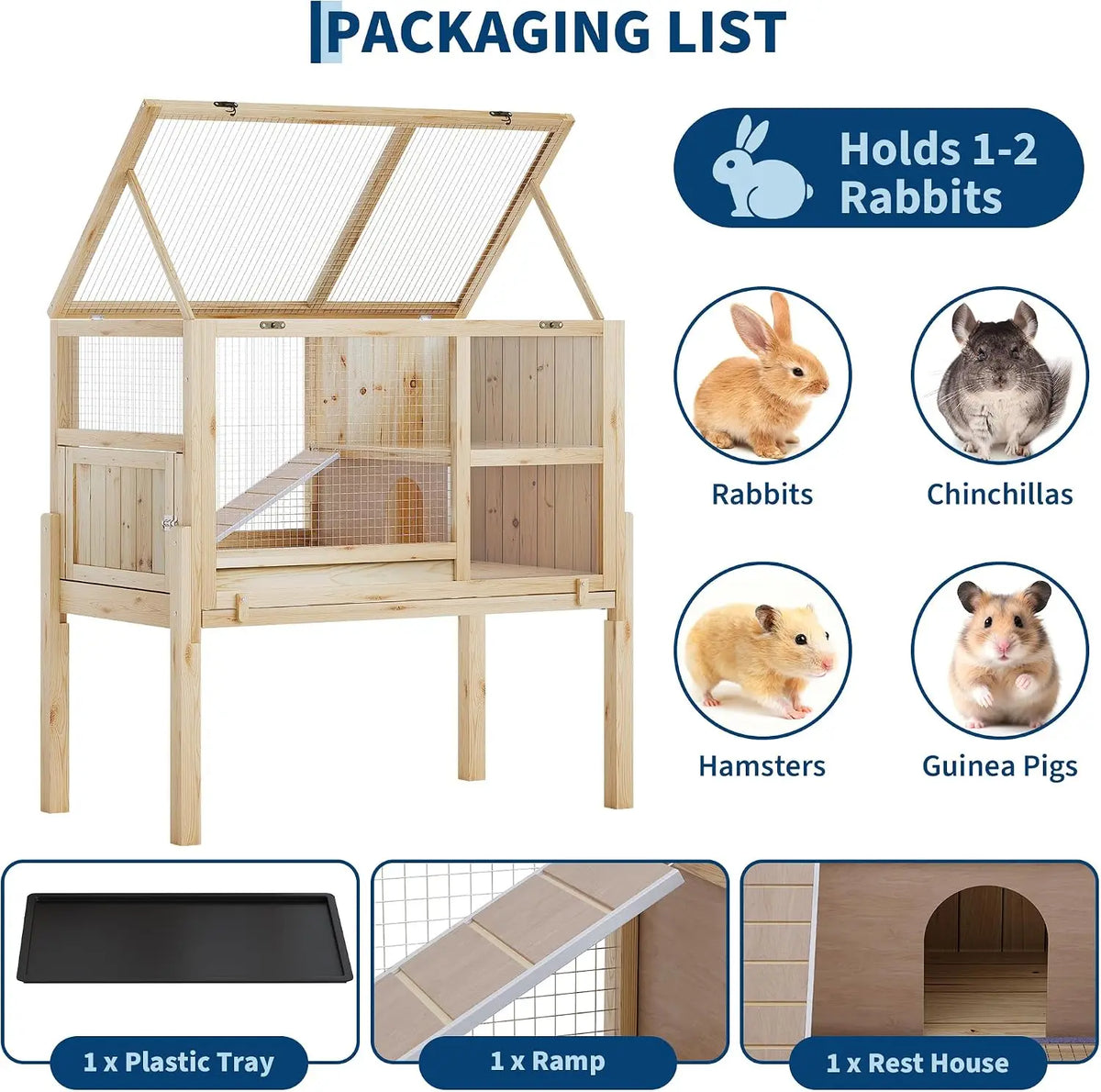 Wooden Guinea Pig Cage Indoor with Stand, 38" 2-Story Rabbit Hutch w/Ramp & Hideout, Clear Vision, Leak-Proof Pull-Out Tray, Lockable Door, Bunny Hamster Habitat - Curl and Collar