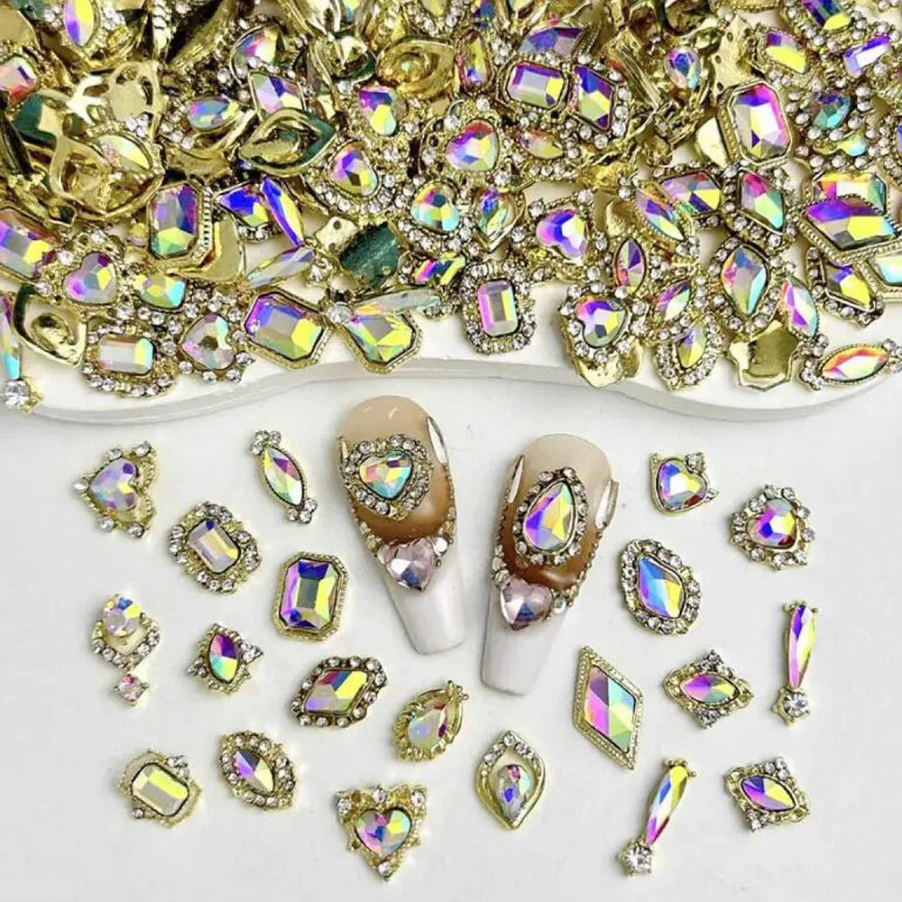50Pcs 3D Mixed Luxury AB Alloy Nail Art Charms with Heart/Drop/Square/Rhombic Gem Nails Decoration DIY Crafts Manicure Accessory - Curl and Collar