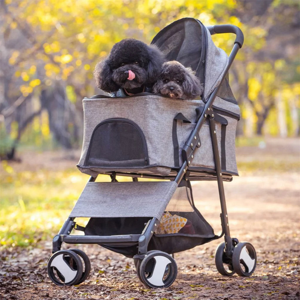 Pet Dog Stroller Foldable Travel Carrier Strolling Cart Cat Dog Pushchair Jogger Dog Pram Cat Buggy with 4 Wheels and Rain Cover - Curl and Collar